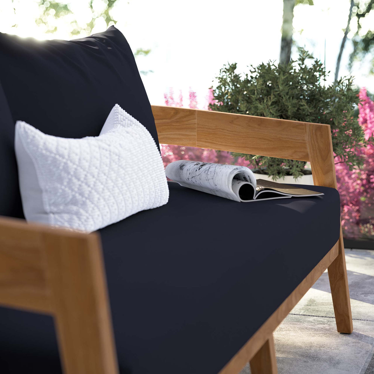Teca Alfresco Loveseat, Natural Wood & Navy