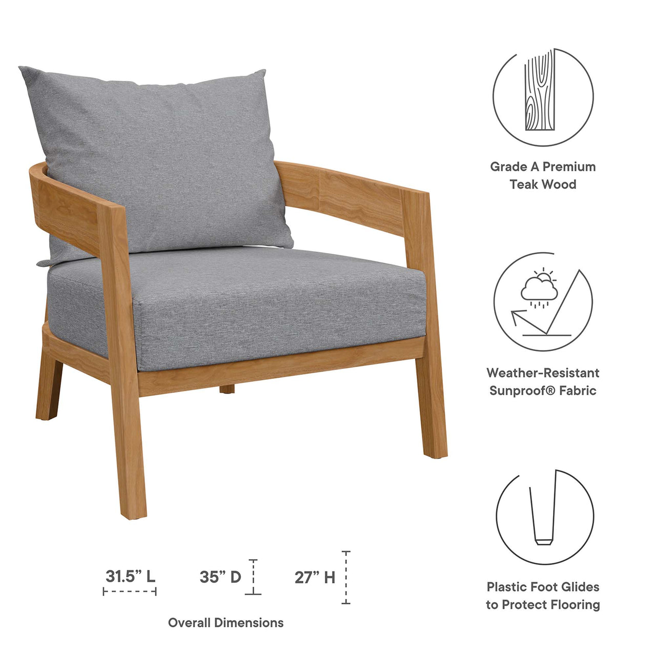 Teca Alfresco Armchair, Natural Wood & Gray