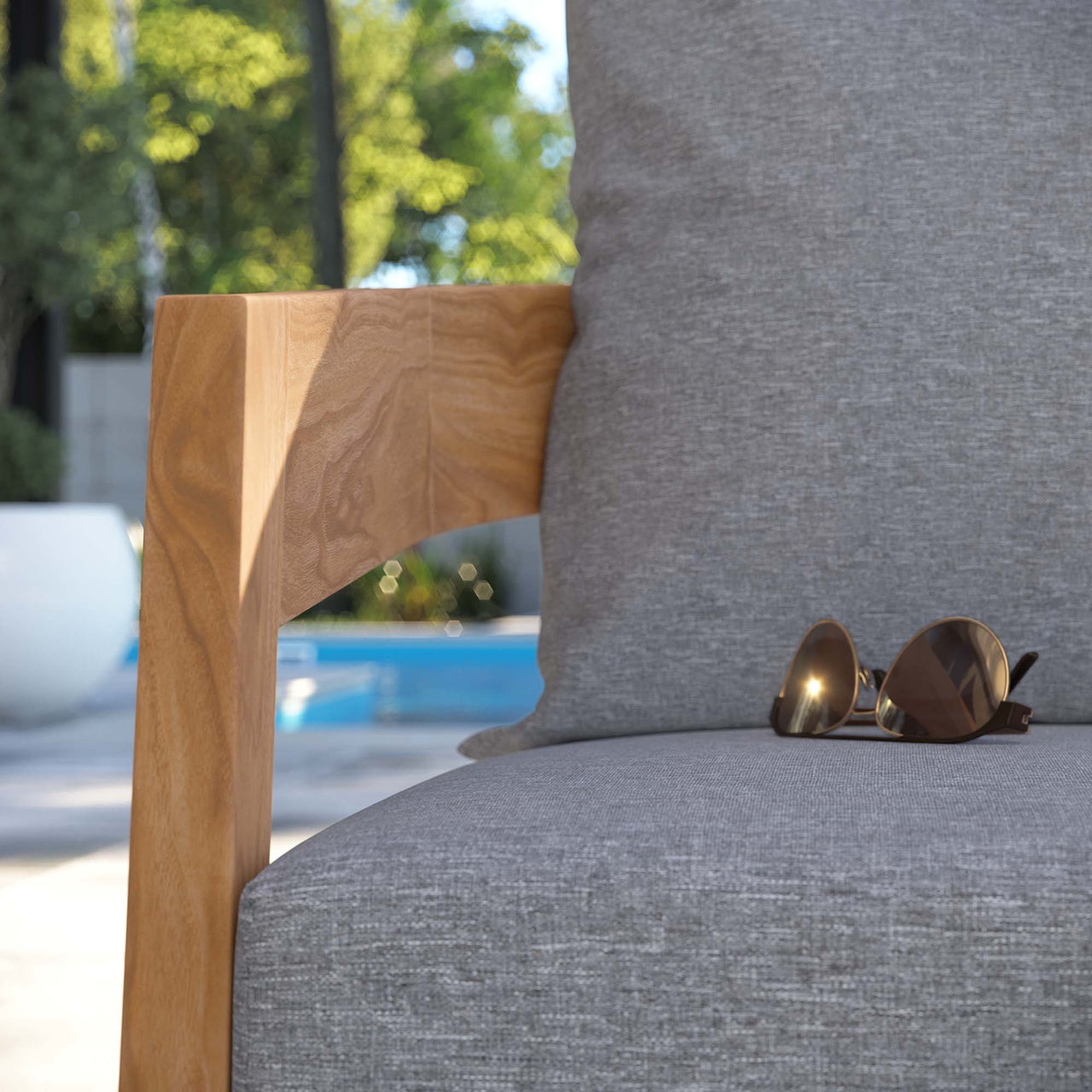 Teca Alfresco Armchair, Natural Wood & Gray