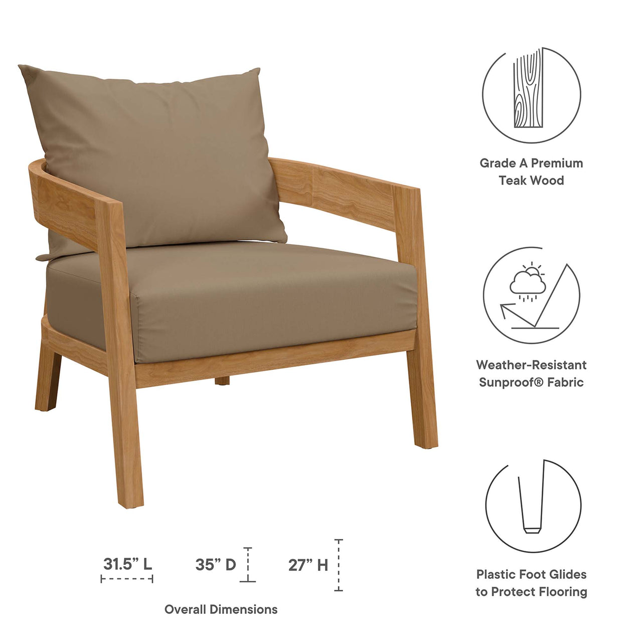 Teca Alfresco Armchair, Natural Wood & Light Brown