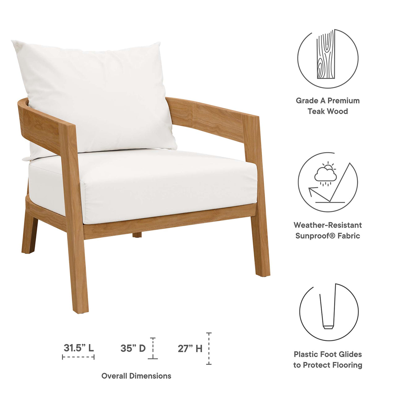 Teca Alfresco Armchair, Natural Wood & White
