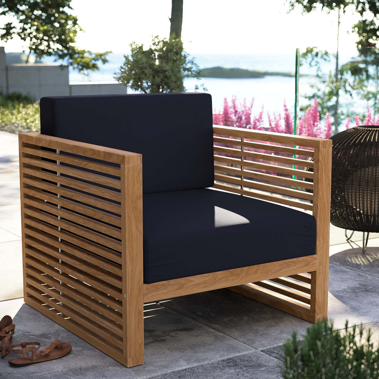 Ladder Rung Alfresco Teak Armchair, Natural Wood & Navy