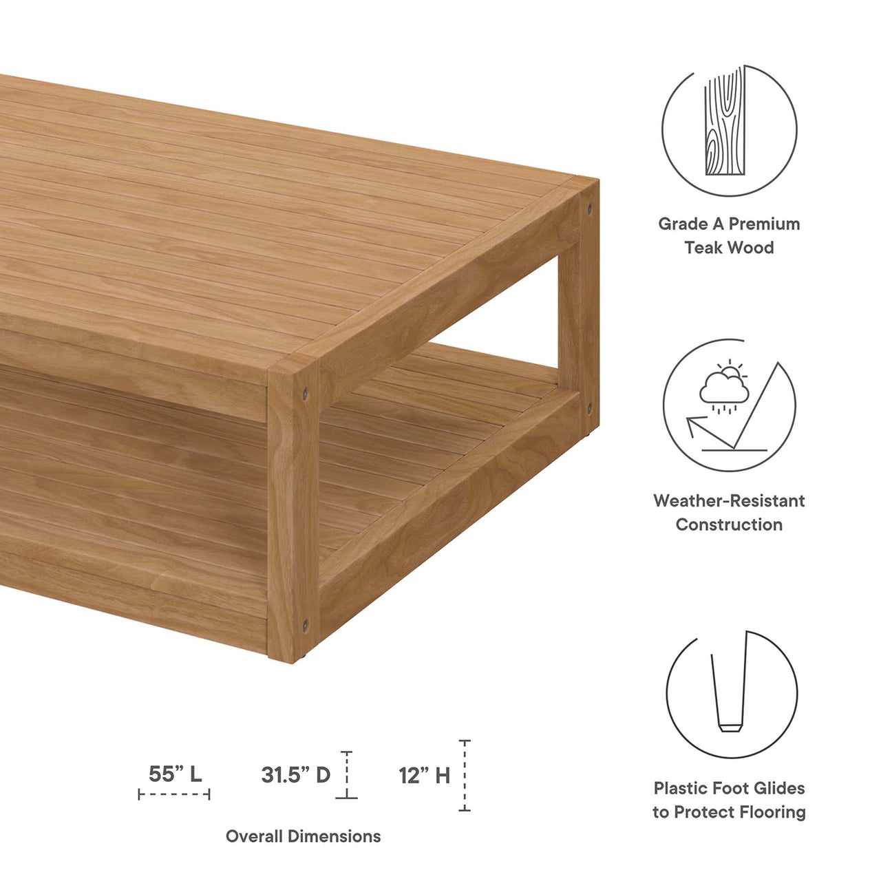 Ladder Rung Alfresco Teak Coffee Table, Natural Wood