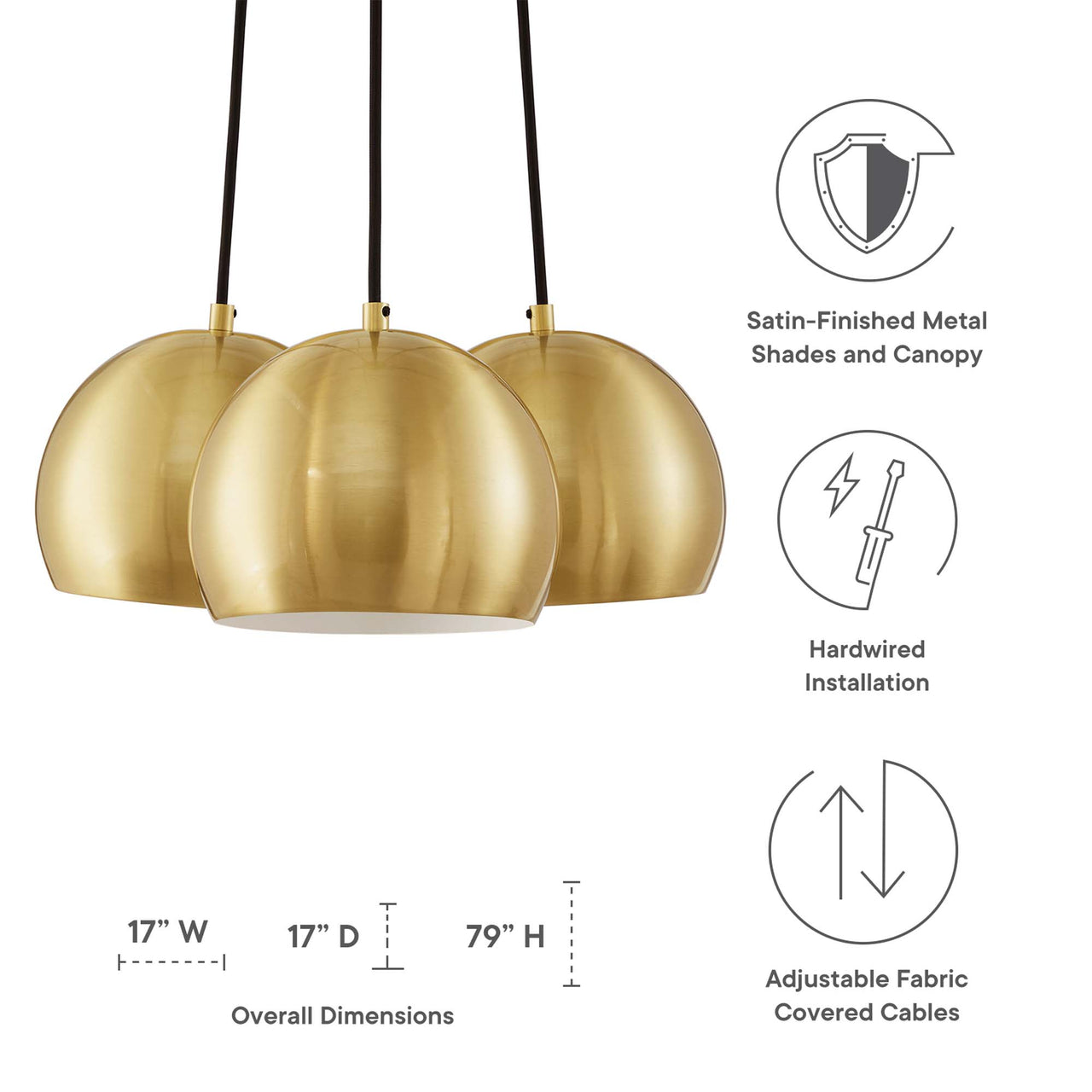 Goblet 3-Light Metal Pendant, Satin Brass