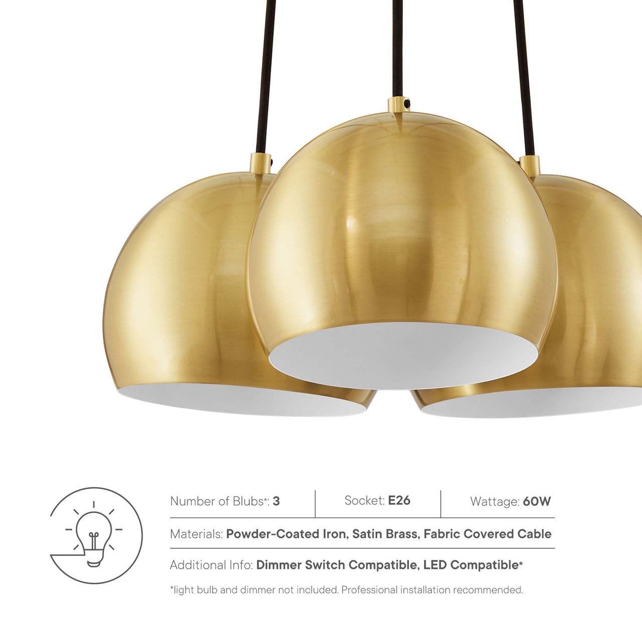 Goblet 3-Light Metal Pendant, Satin Brass