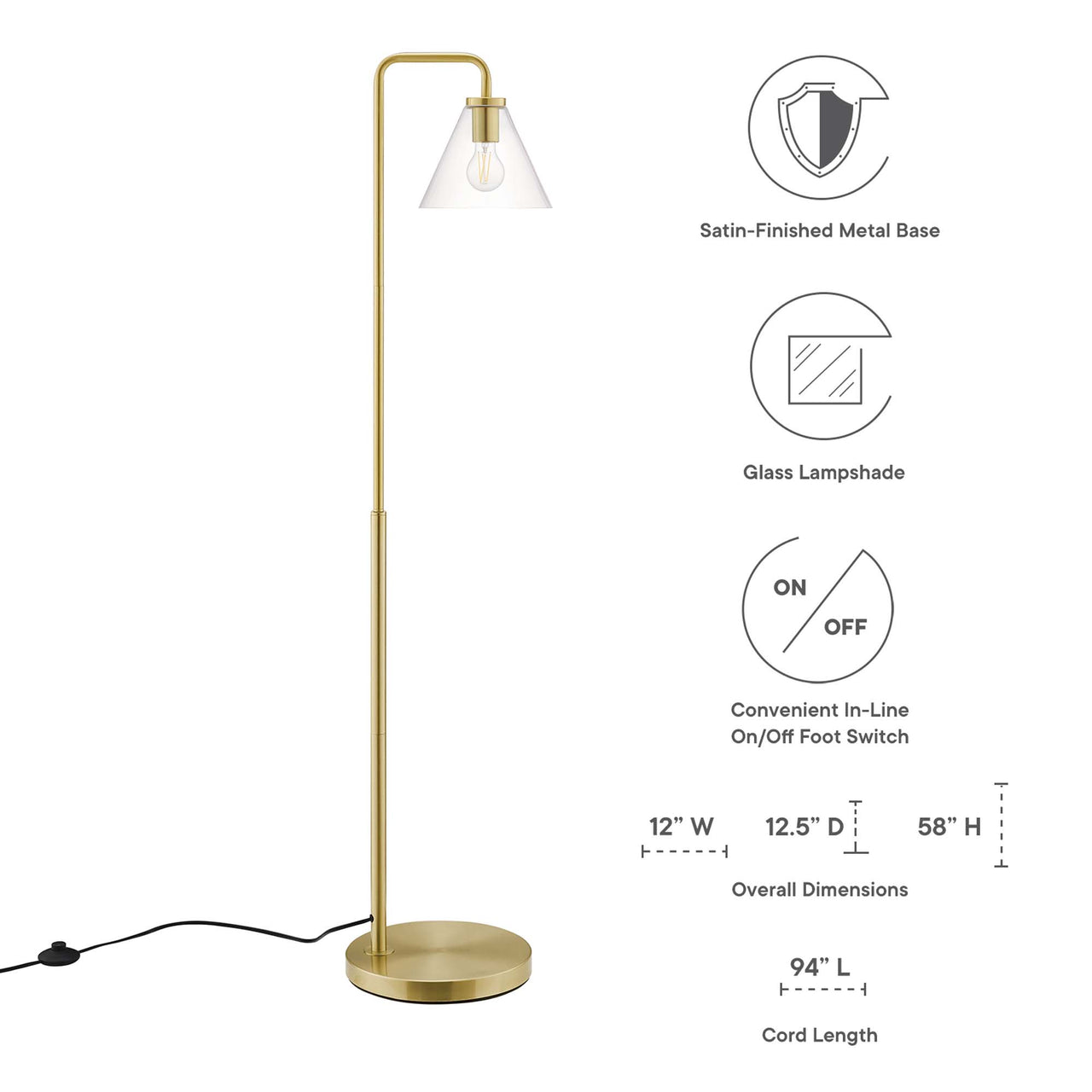 Lumen Cone Floor Lamp, Satin Brass