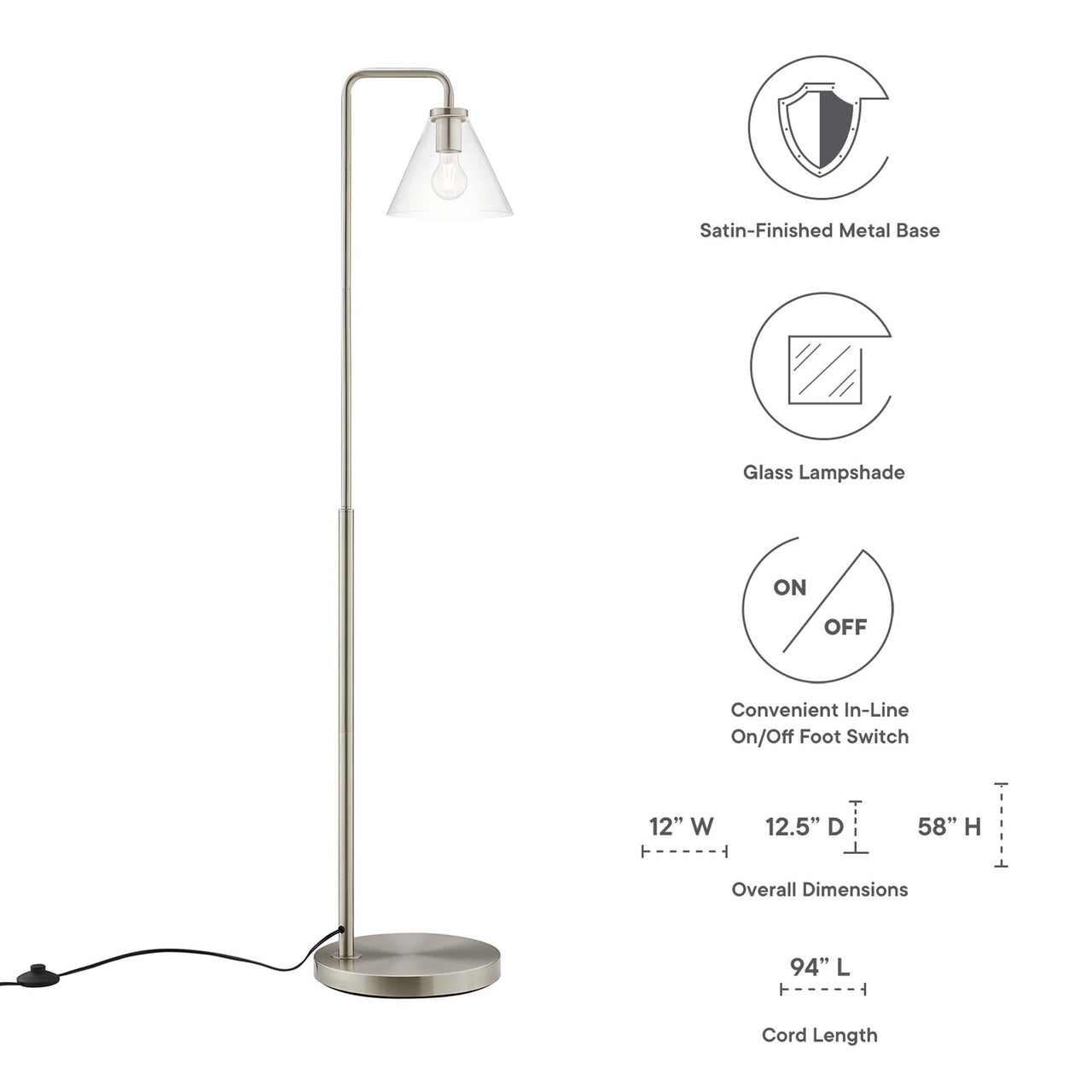 Lumen Cone Floor Lamp, Satin Nickel