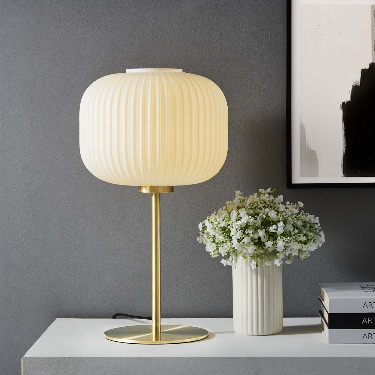 Carousel Table Lamp, White & Satin Brass