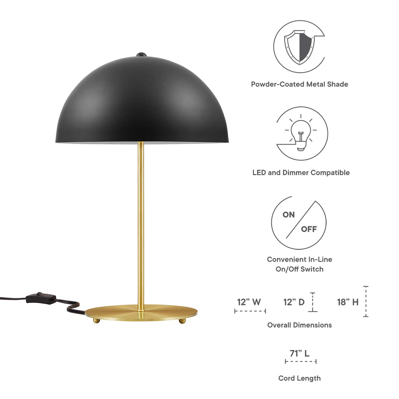 Mushroom Table Lamp, Black & Satin Brass