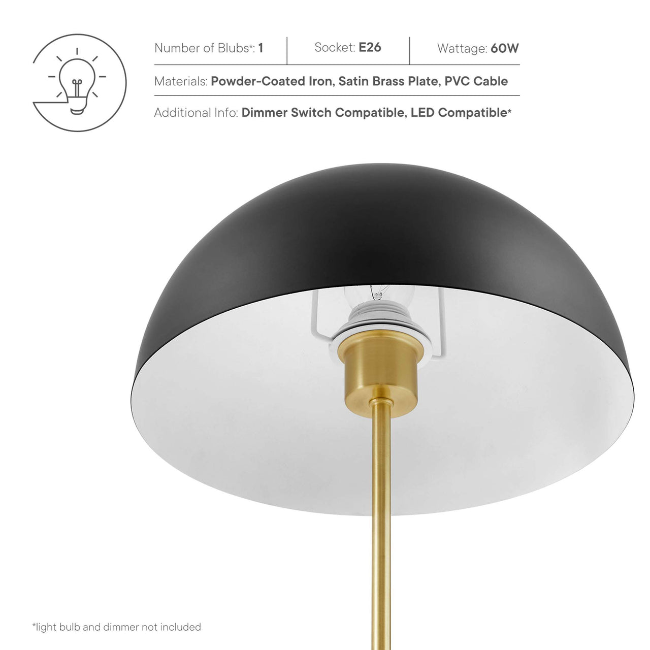 Mushroom Table Lamp, Black & Satin Brass