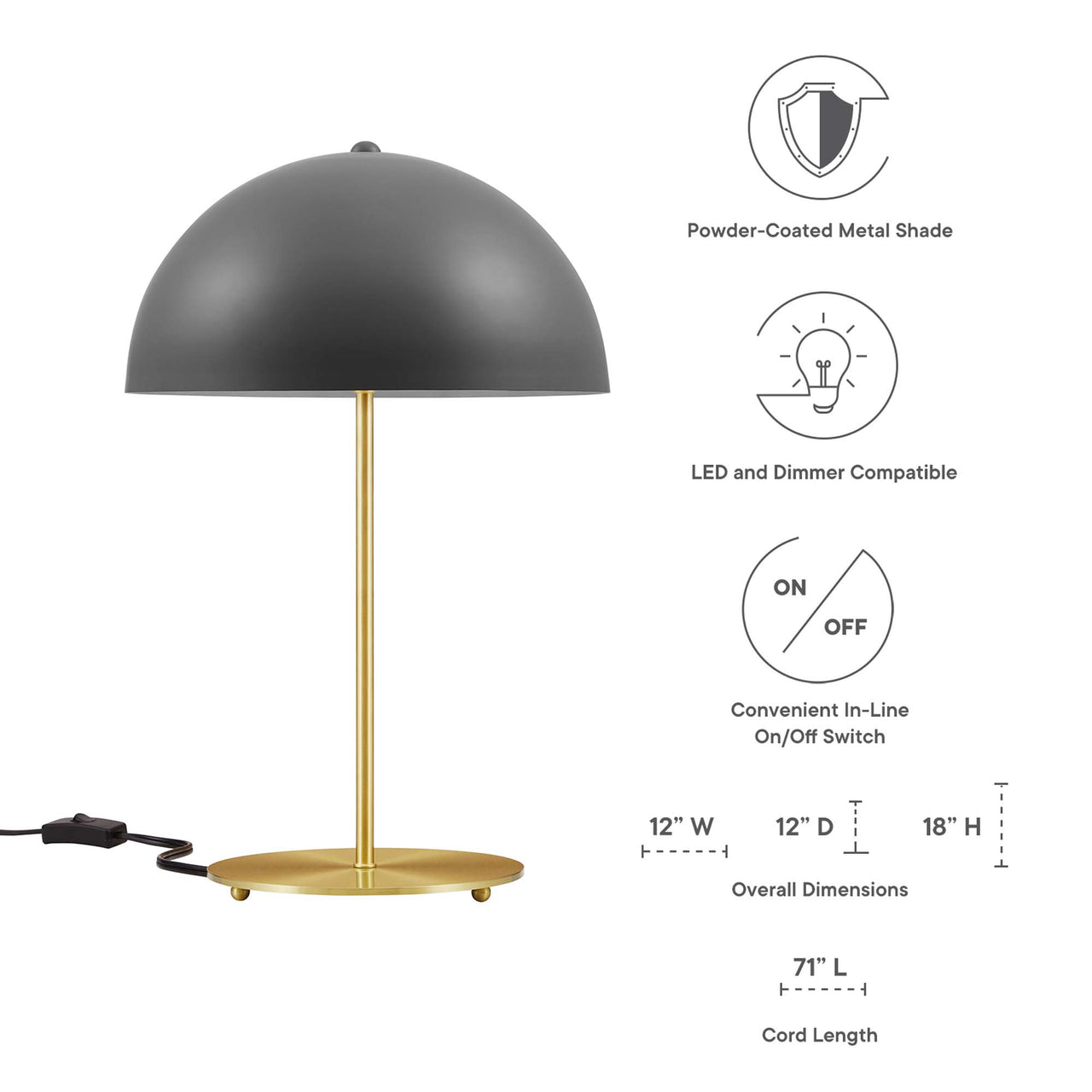 Mushroom Table Lamp, Gray & Satin Brass