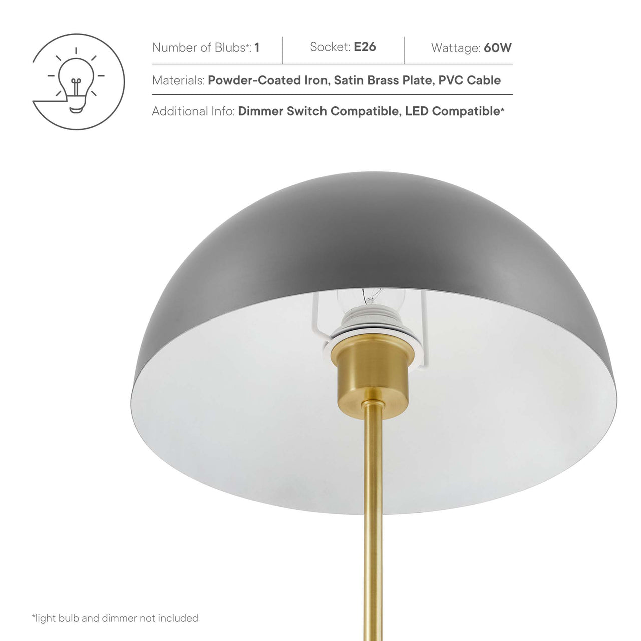 Mushroom Table Lamp, Gray & Satin Brass