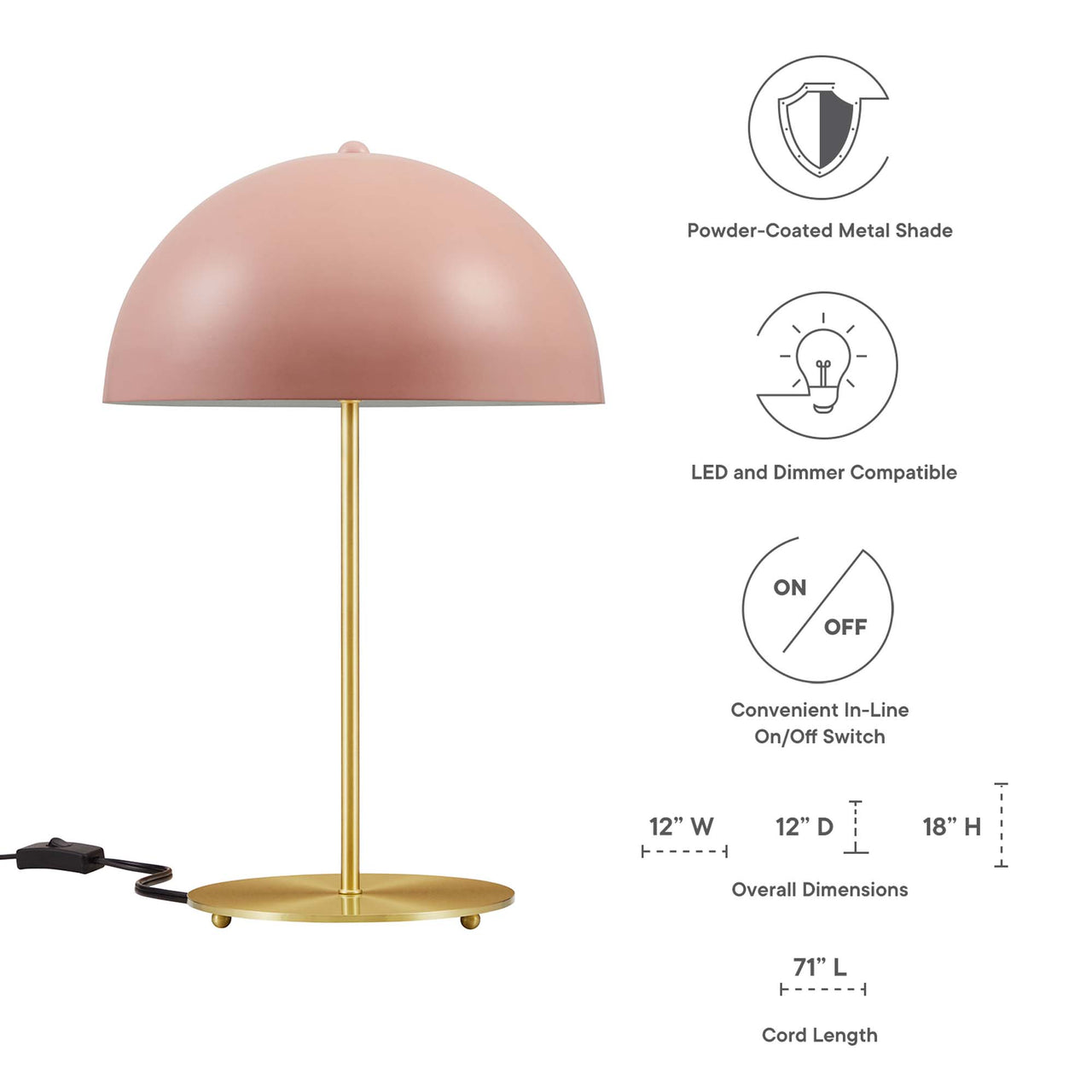 Mushroom Table Lamp, Pink & Satin Brass