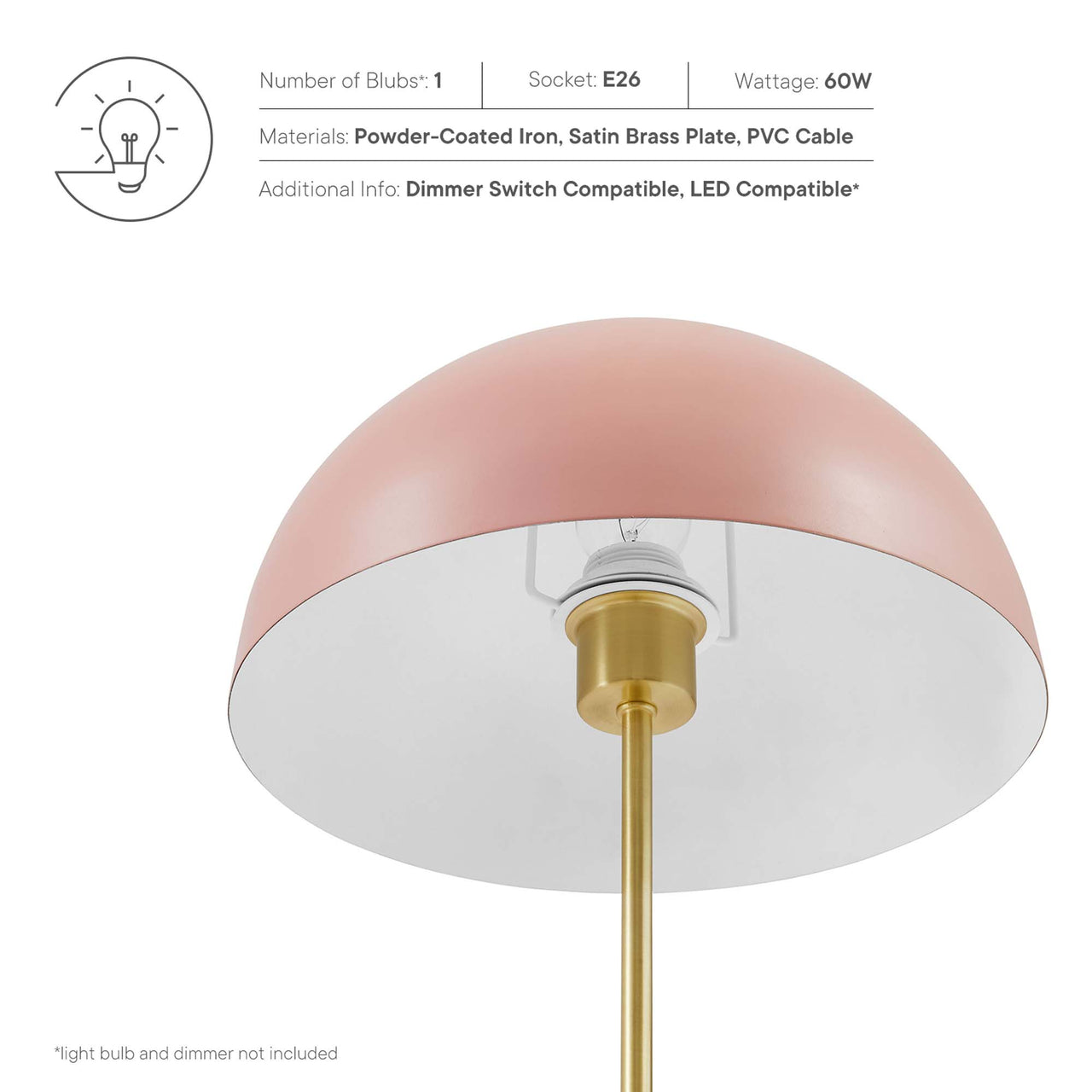 Mushroom Table Lamp, Pink & Satin Brass