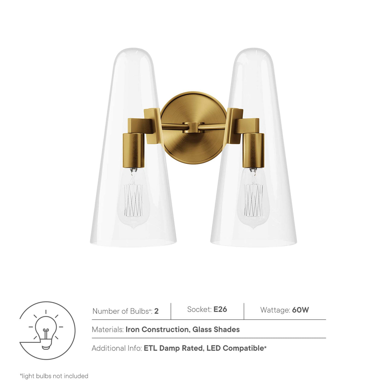 Lucen 2-Light Wall Sconce, Clear & Satin Brass