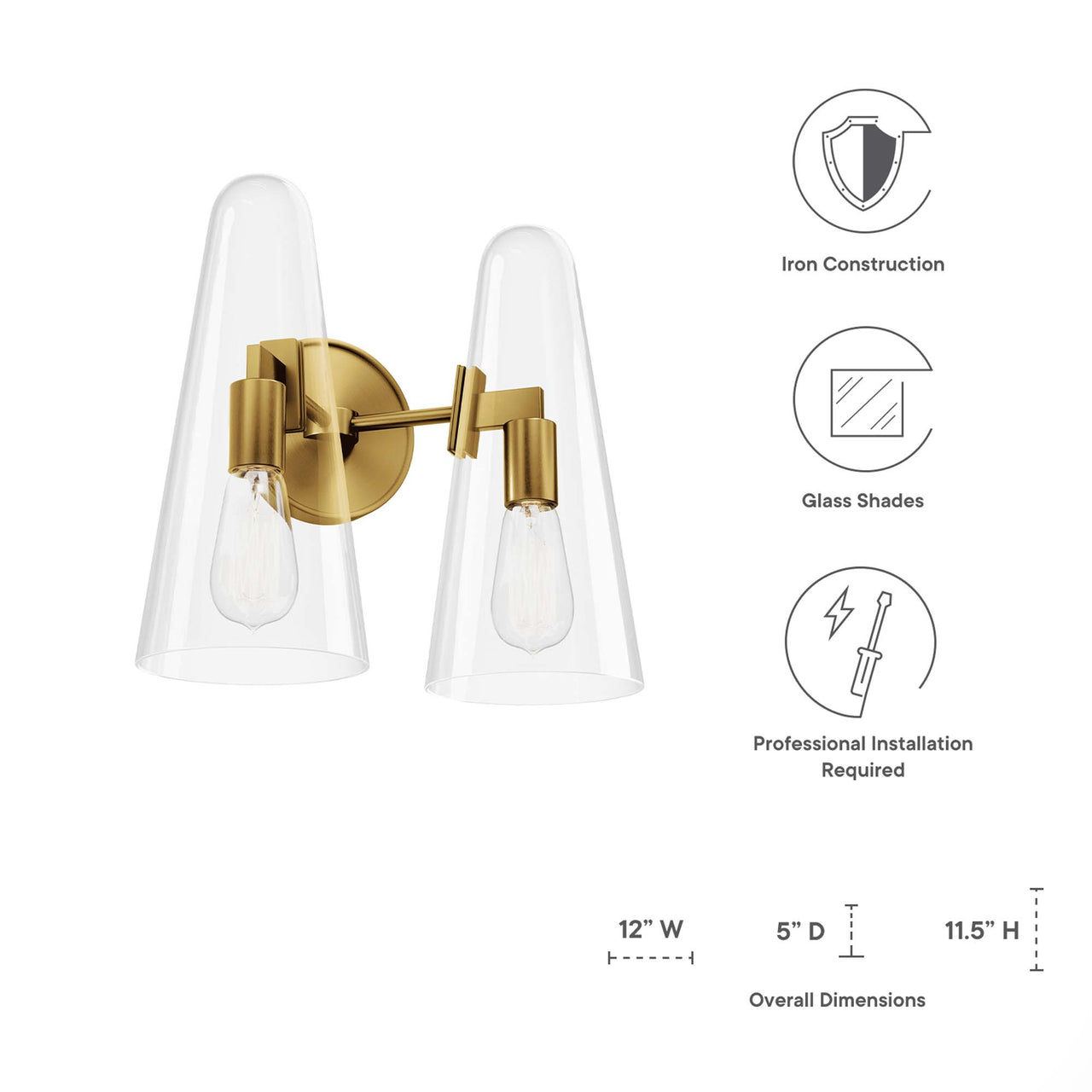 Lucen 2-Light Wall Sconce, Clear & Satin Brass