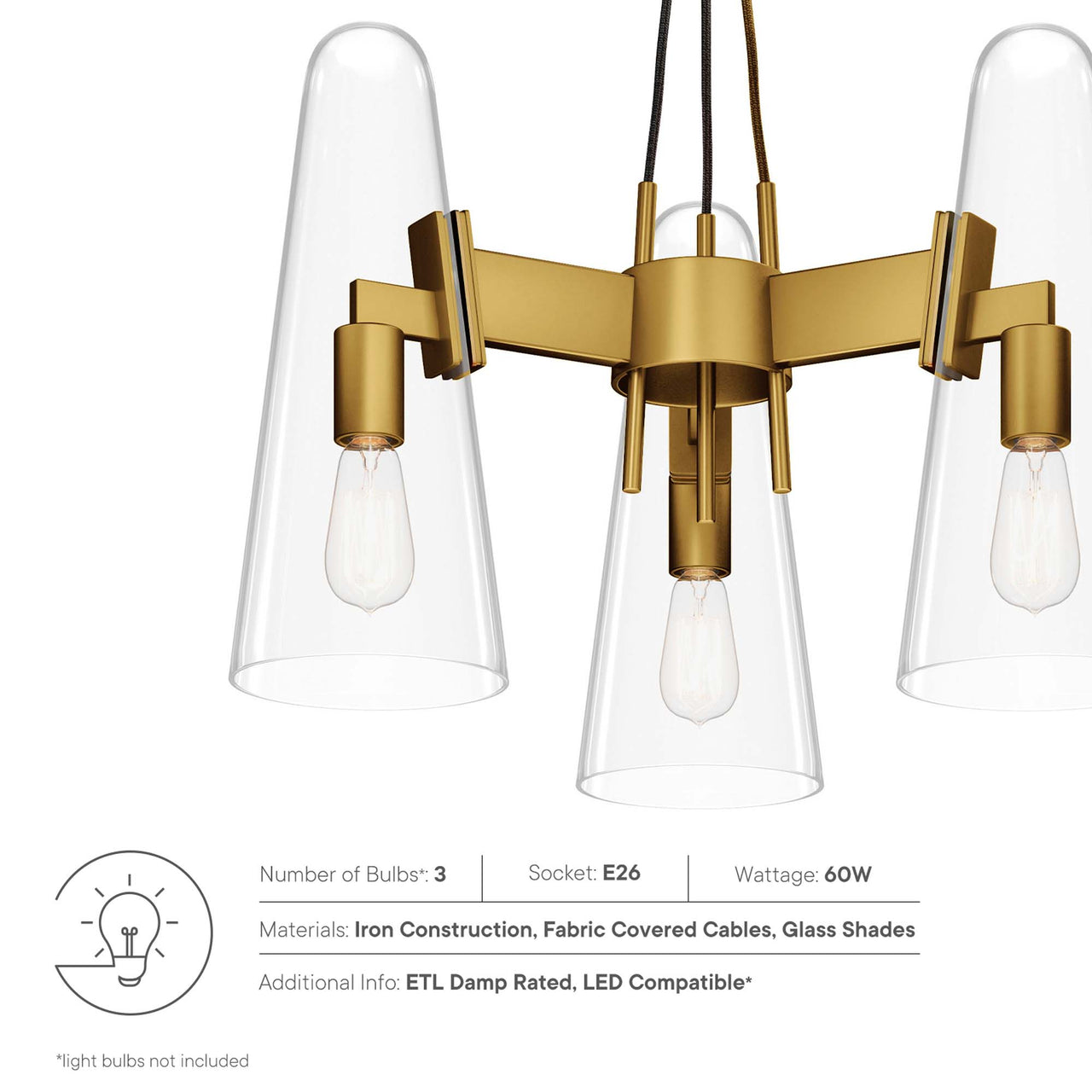 Lucen 3-Light Pendant Light, Clear & Satin Brass