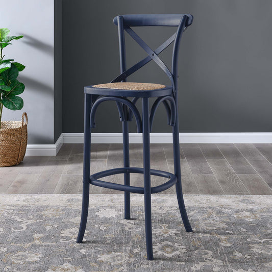 Countryside-Chic Rattan Bar Stool, Dark Blue & Beige