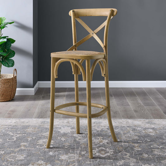 Countryside-Chic Rattan Bar Stool, Natural Wood & Beige