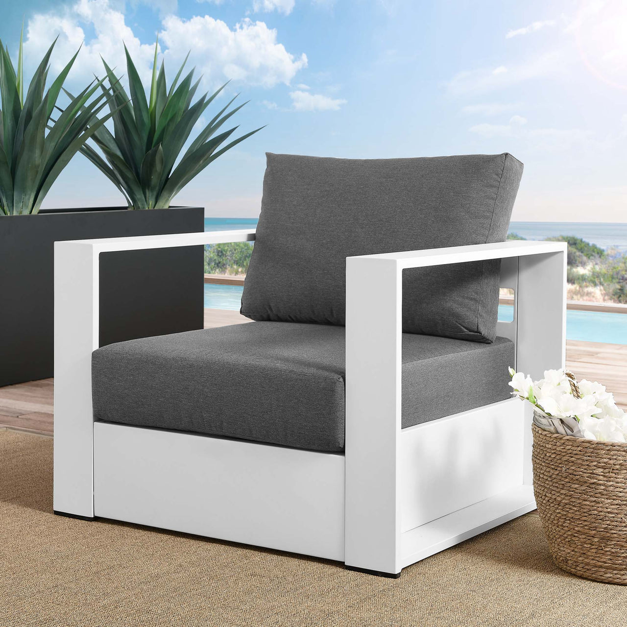 Tahlor Alfresco Powder-Coated Aluminum Armchair, White & Charcoal