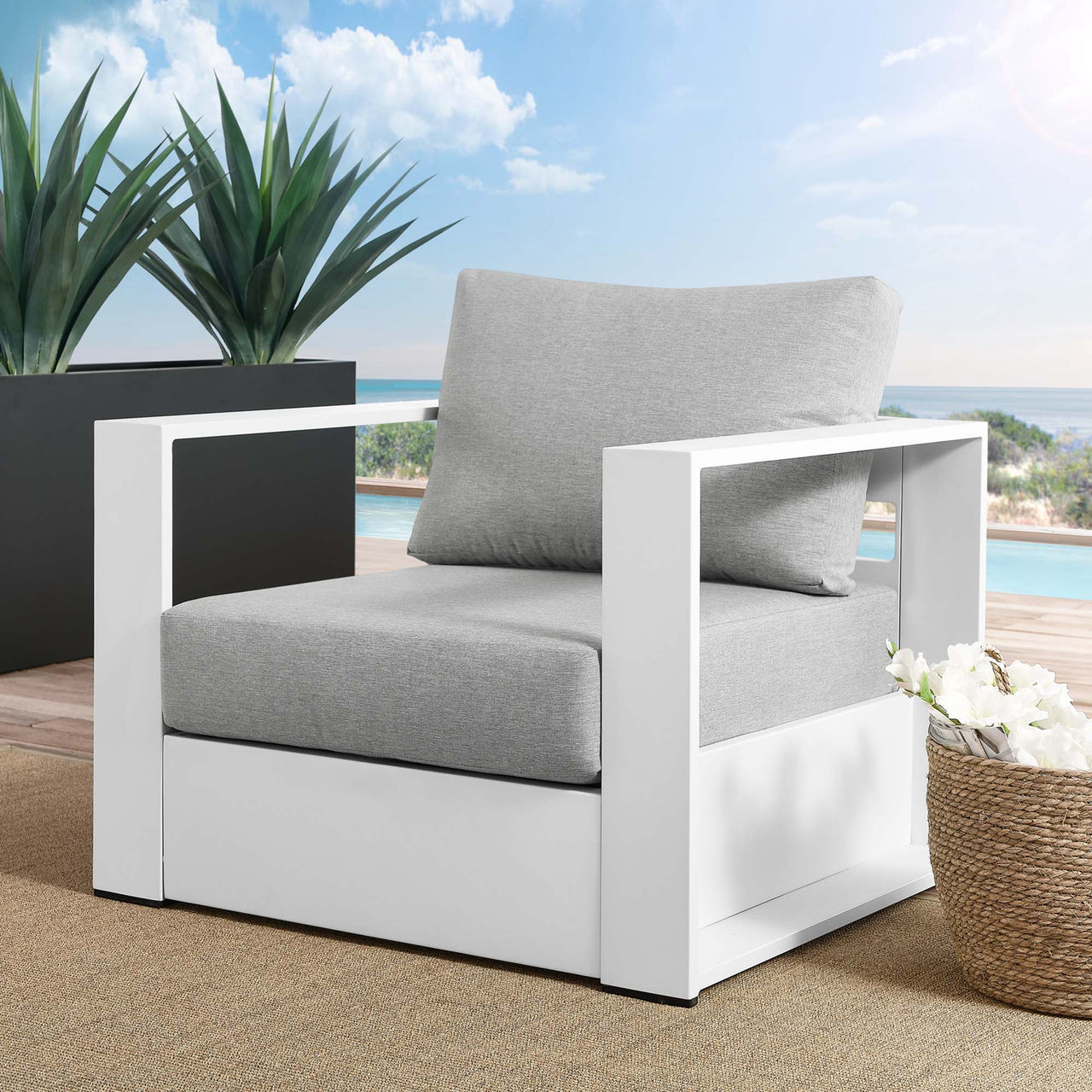 Tahlor Alfresco Powder-Coated Aluminum Armchair, White & Gray