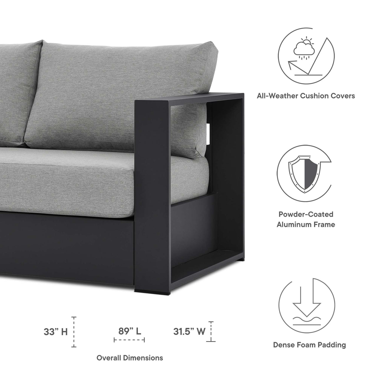 Tahoe Outdoor Patio Powder-Coated Aluminum Sofa, Gray & Gray