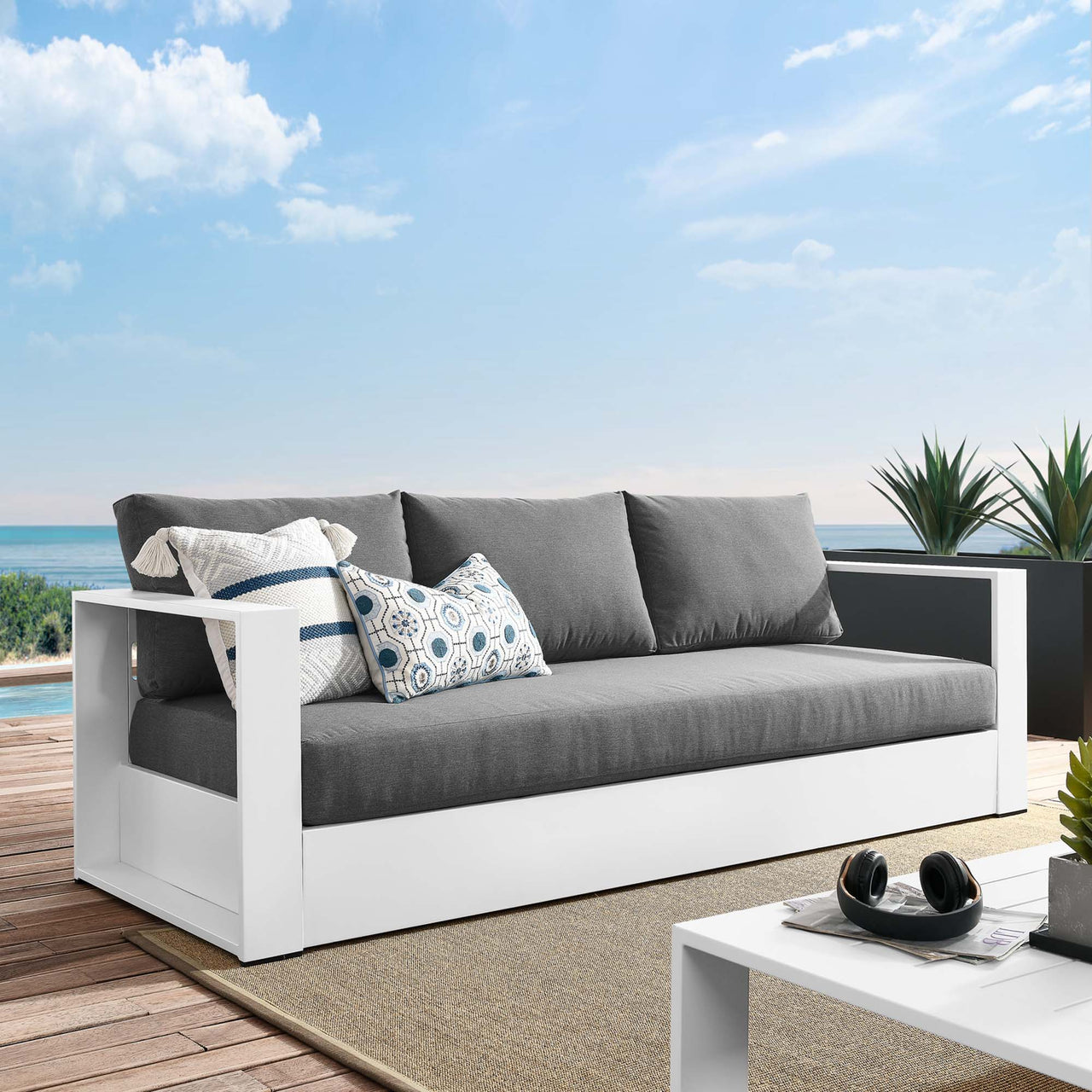 Tahlor Alfresco Powder-Coated Aluminum Sofa, White & Charcoal