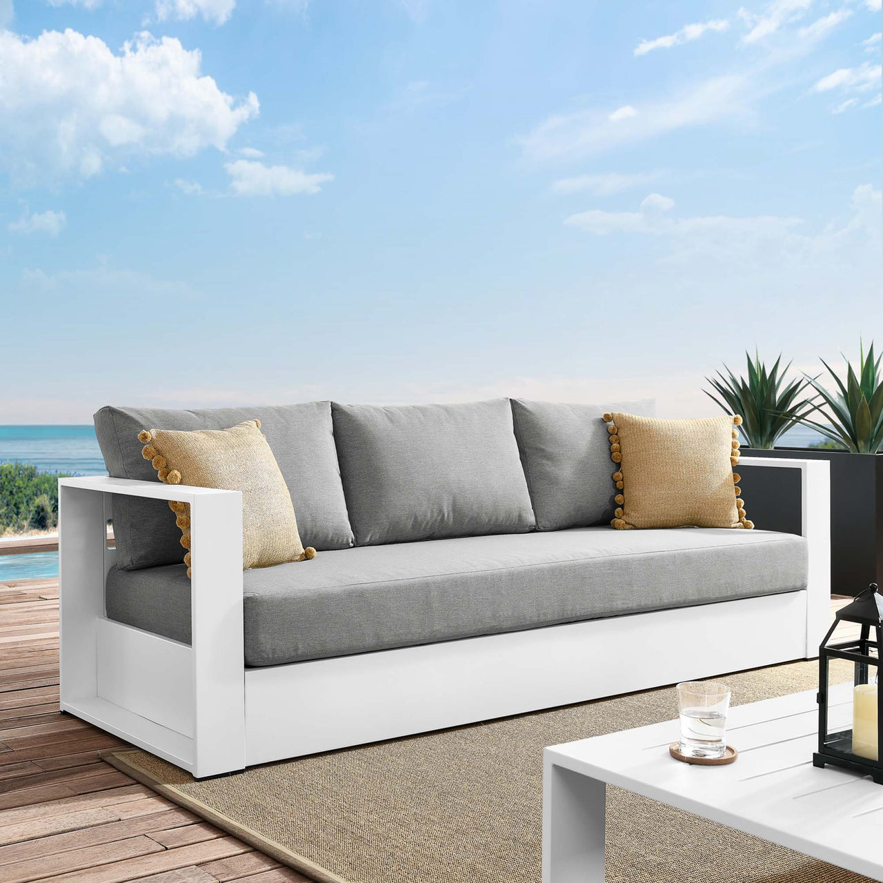 Tahlor Alfresco Powder-Coated Aluminum Sofa, White & Gray