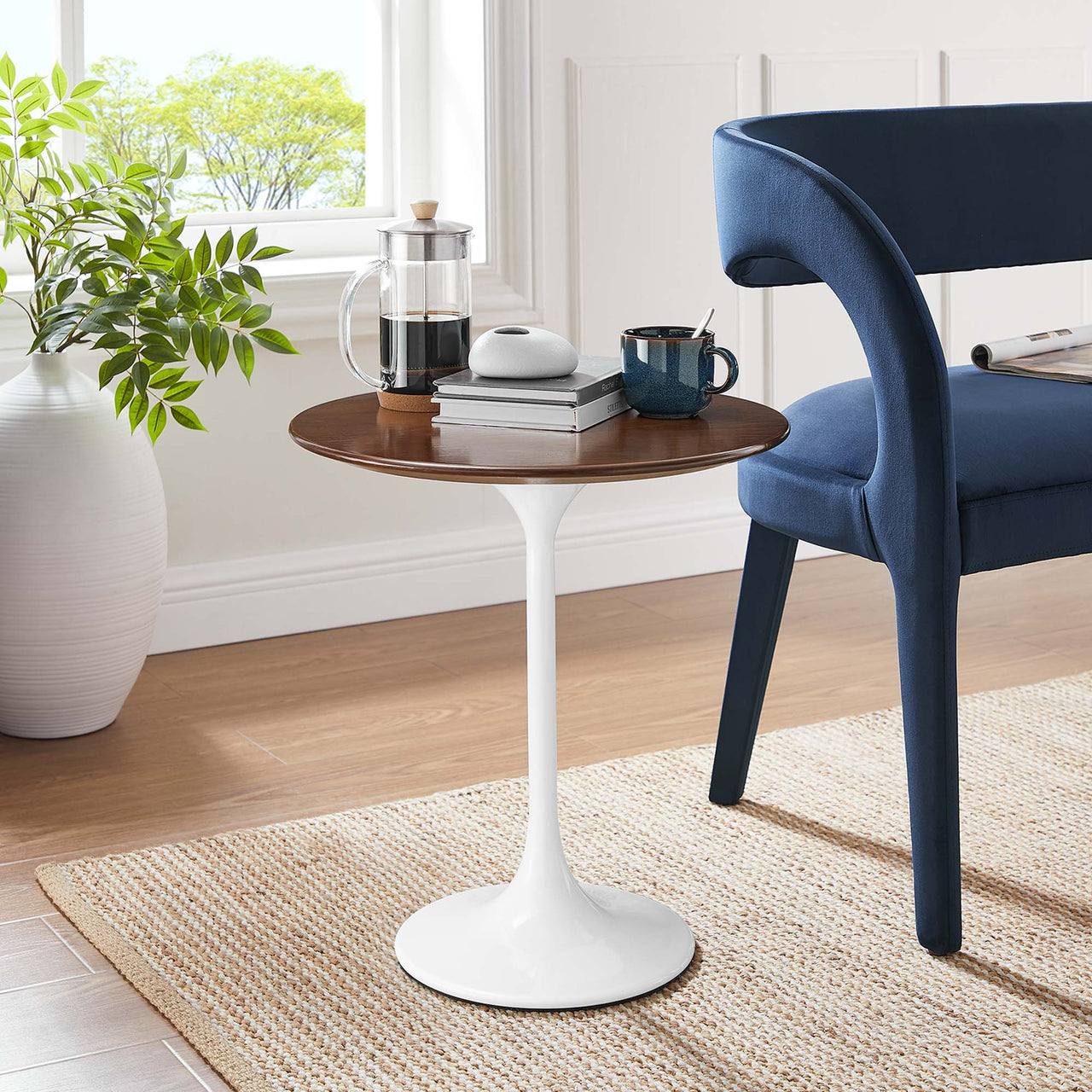 Ensemble Round Side Table, White & Walnut