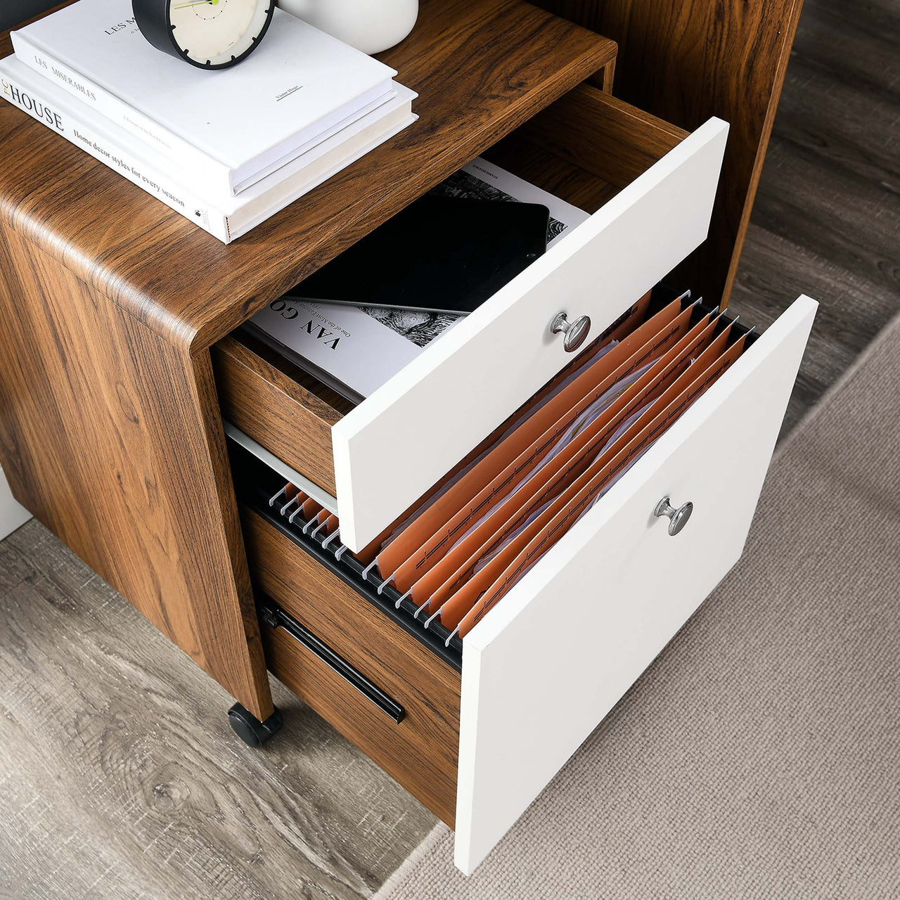 Erisen File Cabinet, Walnut & White