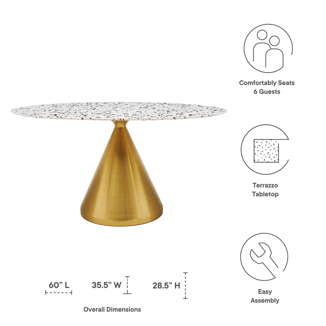 Solari Pedestal Oval Terrazzo Dining Table, Large, Gold & White