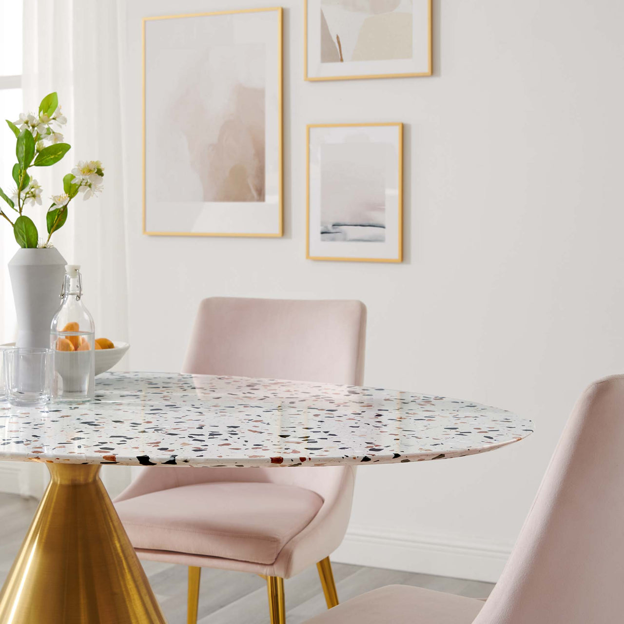 Solari Pedestal Oval Terrazzo Dining Table, Large, Gold & White