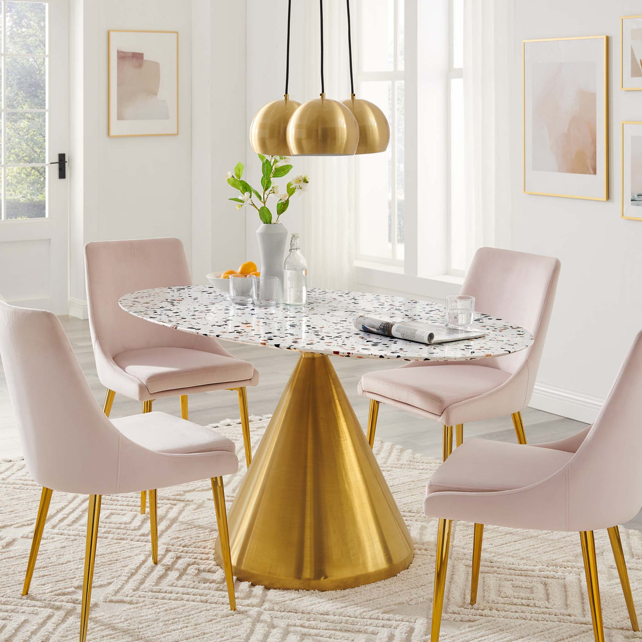 Solari Pedestal Oval Terrazzo Dining Table, Large, Gold & White