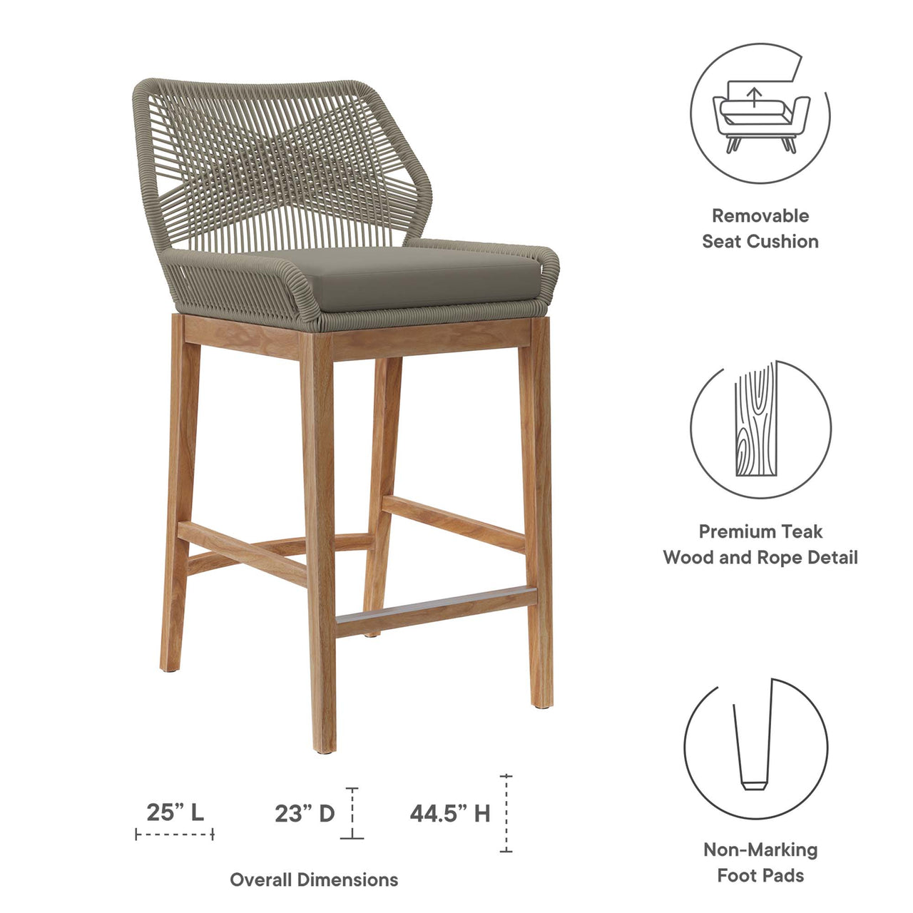 Veyra Alfresco Teak Bar Stool, Light Gray & Natural Wood