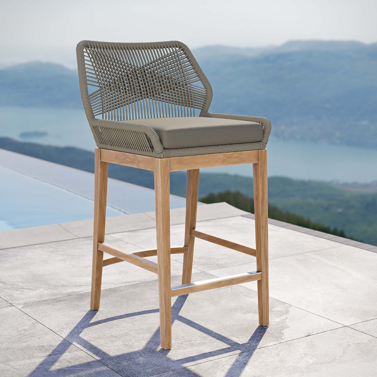 Veyra Alfresco Teak Bar Stool, Light Gray & Natural Wood