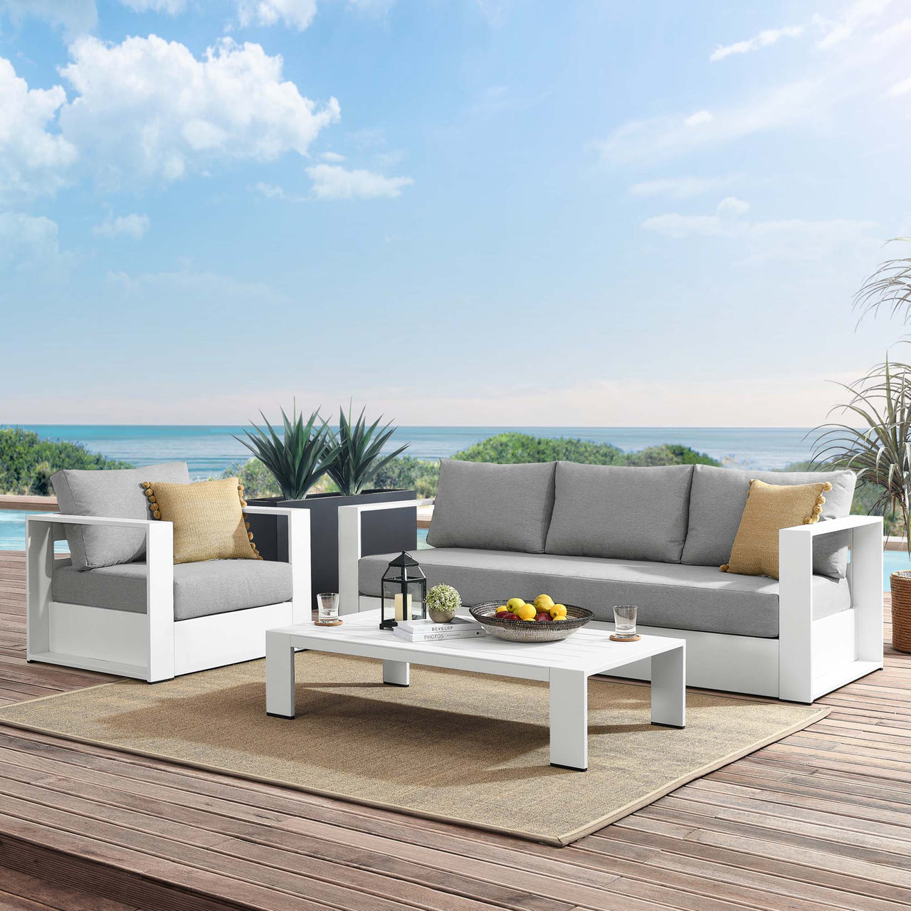 Tahlor 3-Piece Alfresco Powder-Coated Aluminum Set, White & Gray