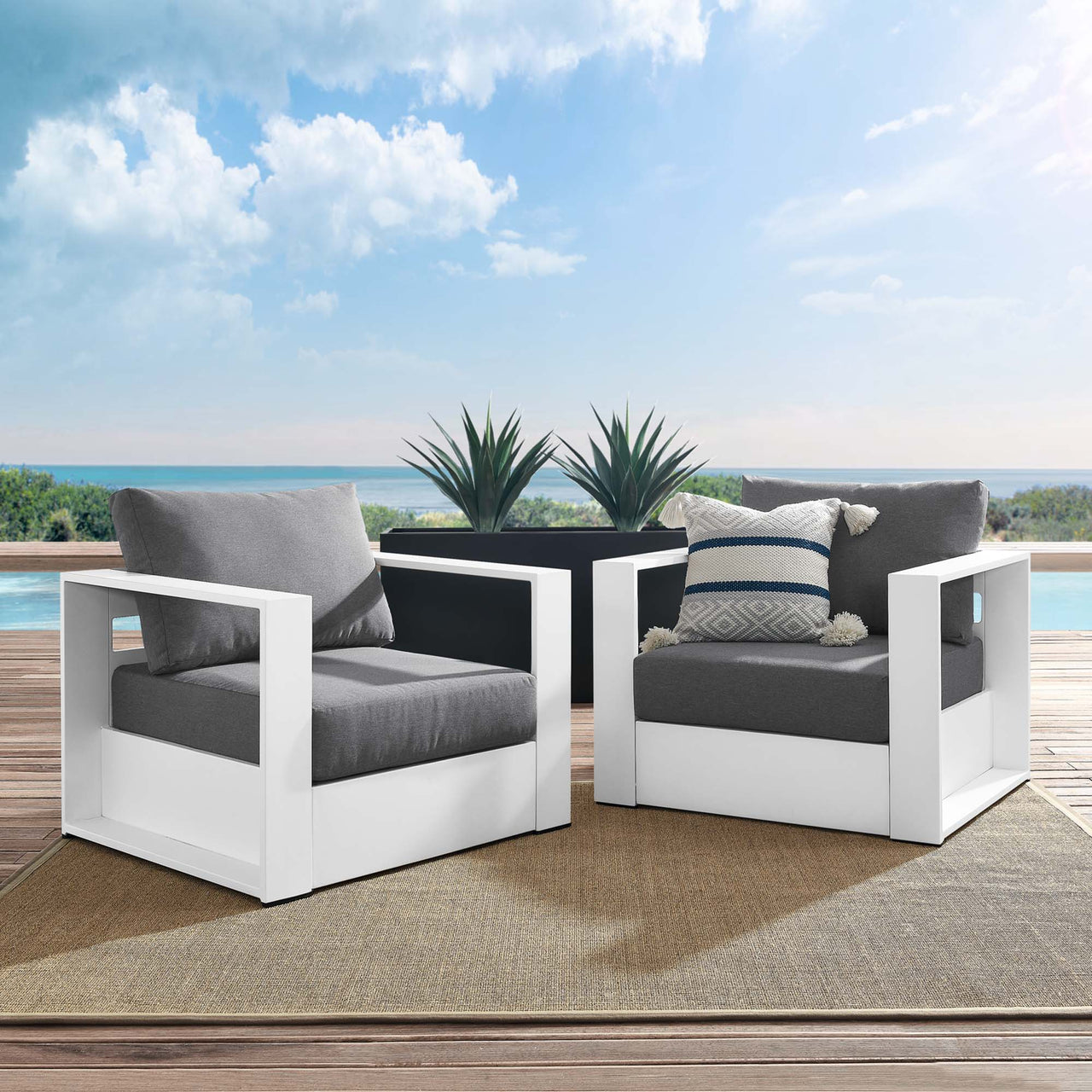 Tahlor 2-Piece Alfresco Powder-Coated Aluminum Armchair Set, White & Charcoal