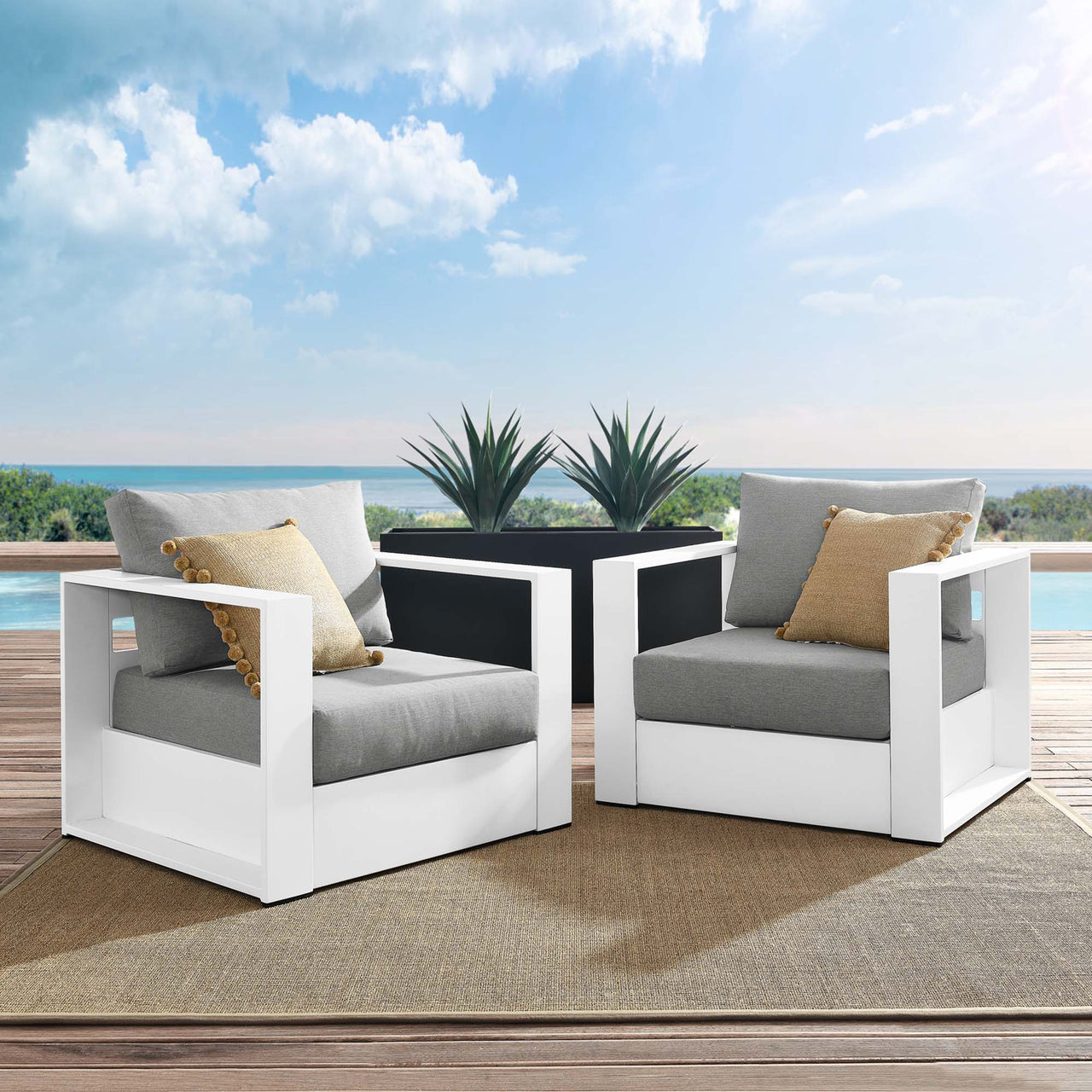 Tahlor 2-Piece Alfresco Powder-Coated Aluminum Armchair Set, White & Gray