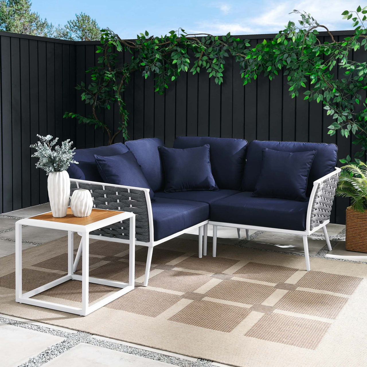 Stellan 4-Piece Alfresco Sectional Sofa Set, White & Navy
