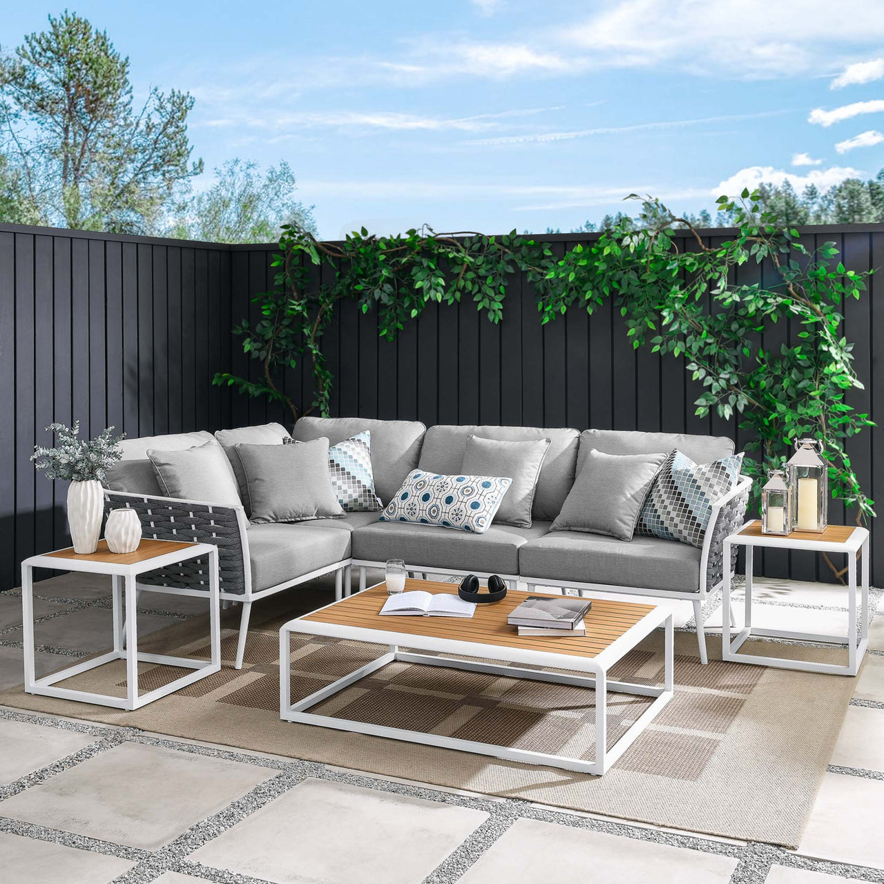 Stellan 7-Piece Alfresco Sectional Sofa Set, White & Gray