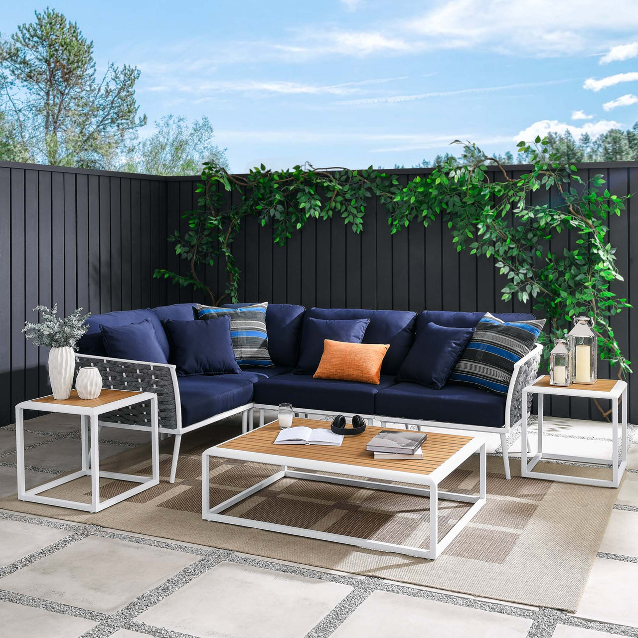 Stellan 7-Piece Alfresco Sectional Sofa Set, White & Navy