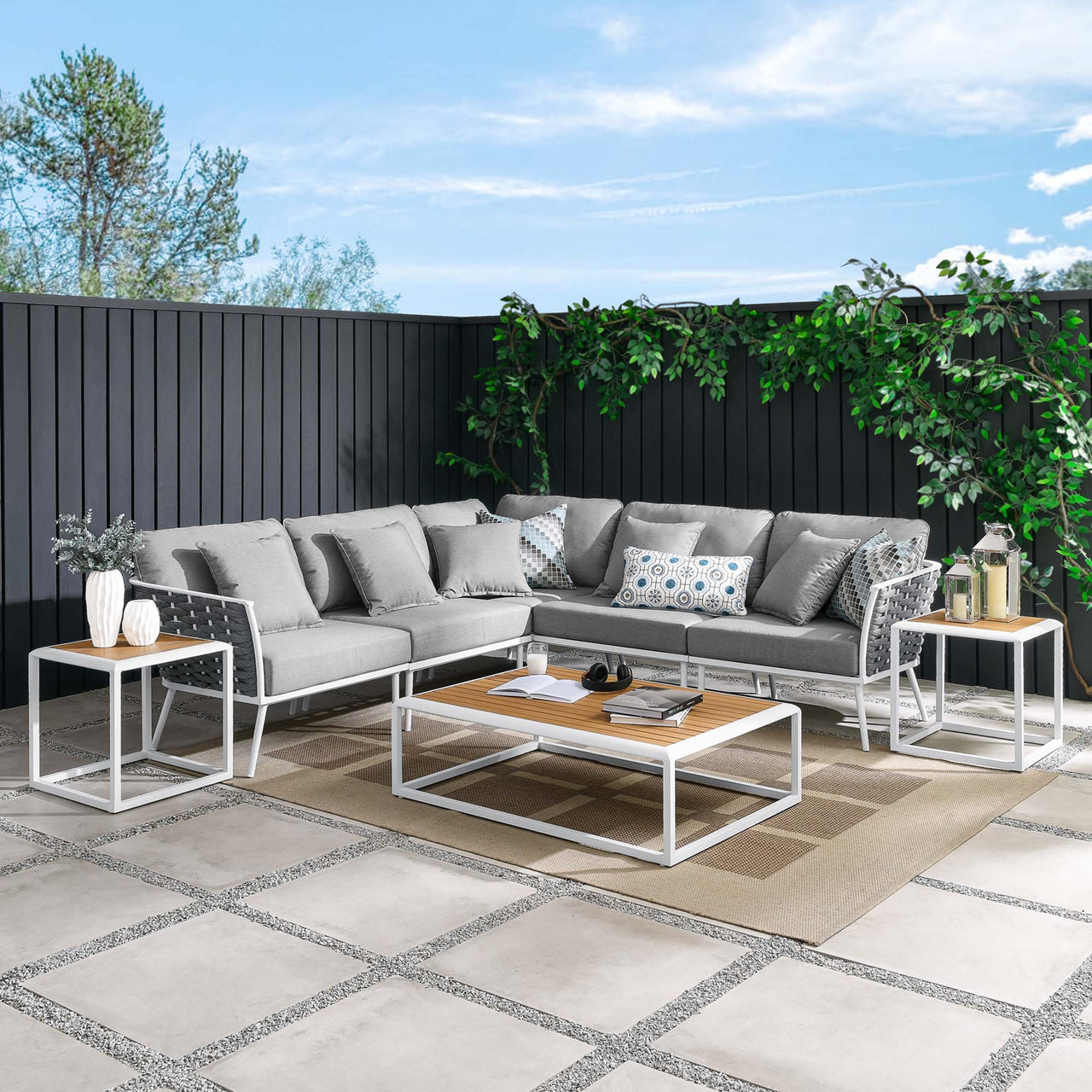 Stellan 8-Piece Alfresco Sectional Sofa Set, White & Gray