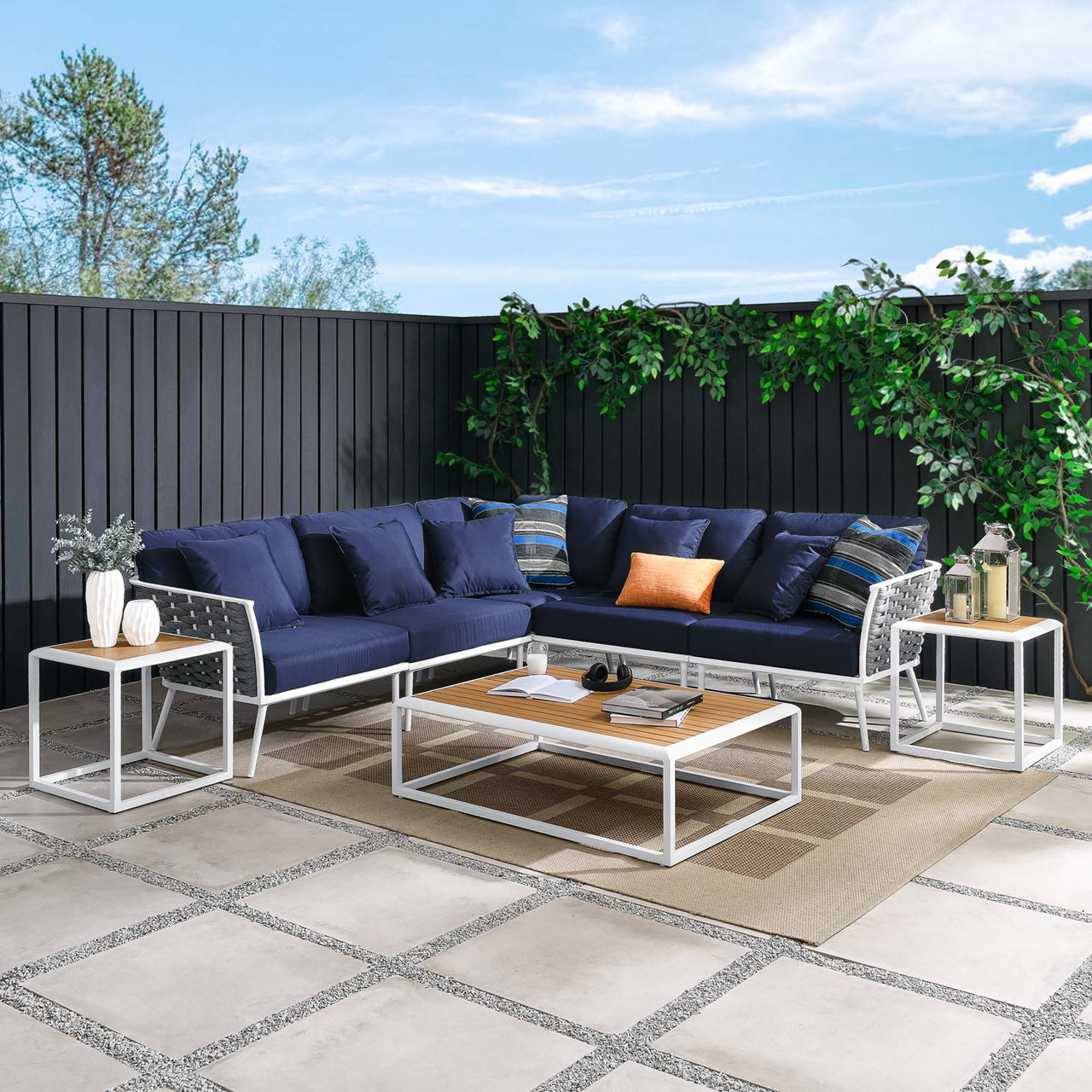 Stellan 8-Piece Alfresco Sectional Sofa Set, White & Navy