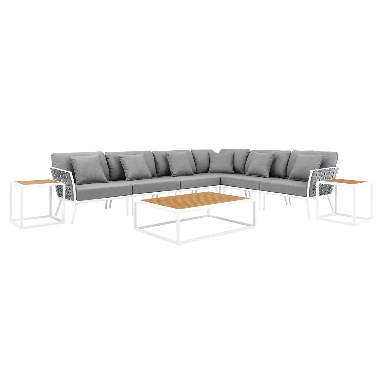 Stellan 9-Piece Aluminum Alfresco Sectional Sofa Set, White & Gray