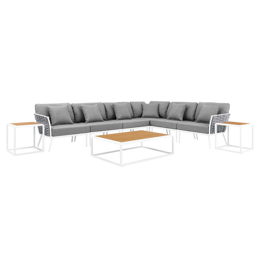 Stellan 9-Piece Aluminum Alfresco Sectional Sofa Set, White & Gray