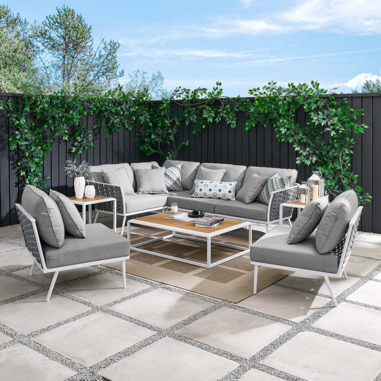 Stellan 9-Piece Aluminum Alfresco Sectional Sofa Set, White & Gray