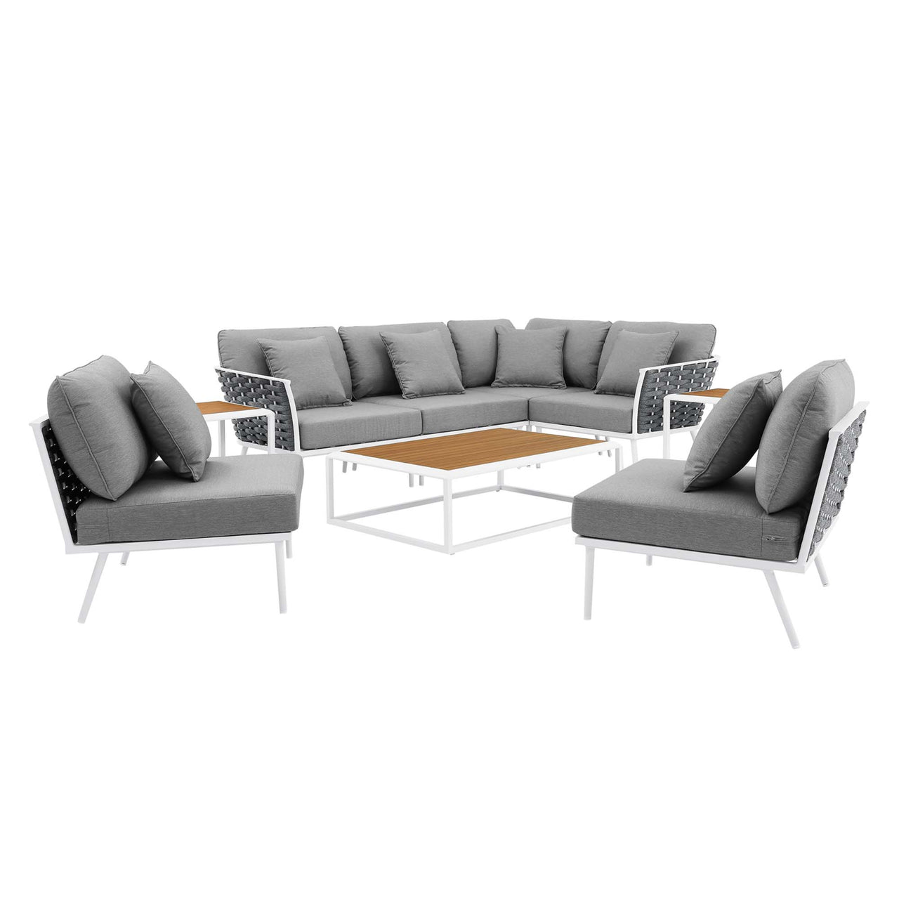 Stellan 9-Piece Aluminum Alfresco Sectional Sofa Set, White & Gray