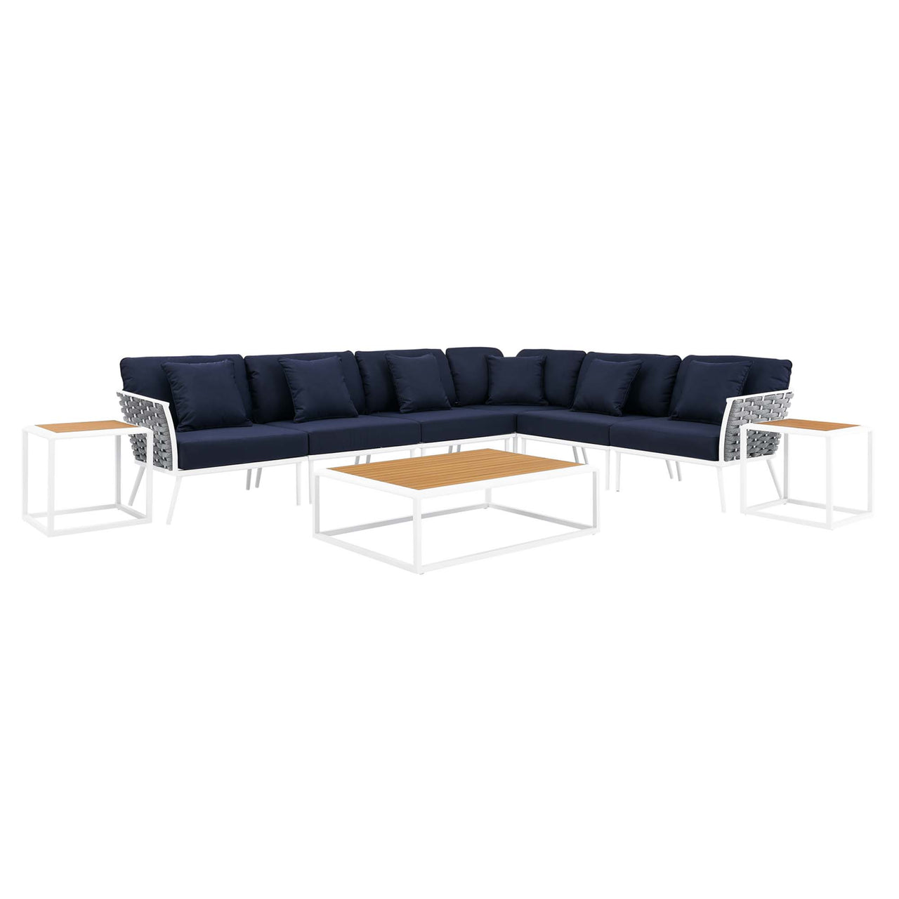 Stellan 9-Piece Aluminum Alfresco Sectional Sofa Set, White & Navy