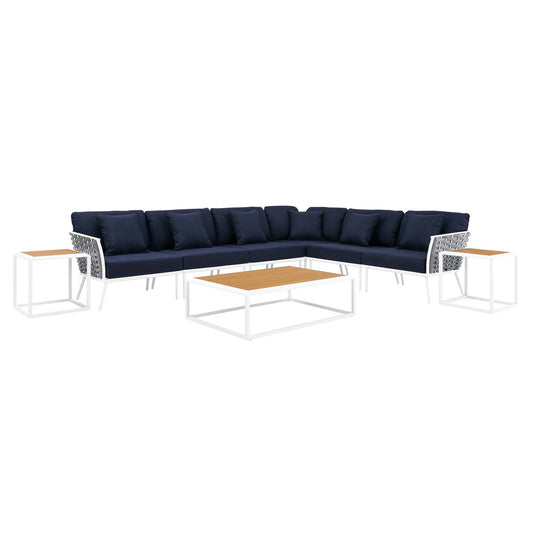 Stellan 9-Piece Aluminum Alfresco Sectional Sofa Set, White & Navy