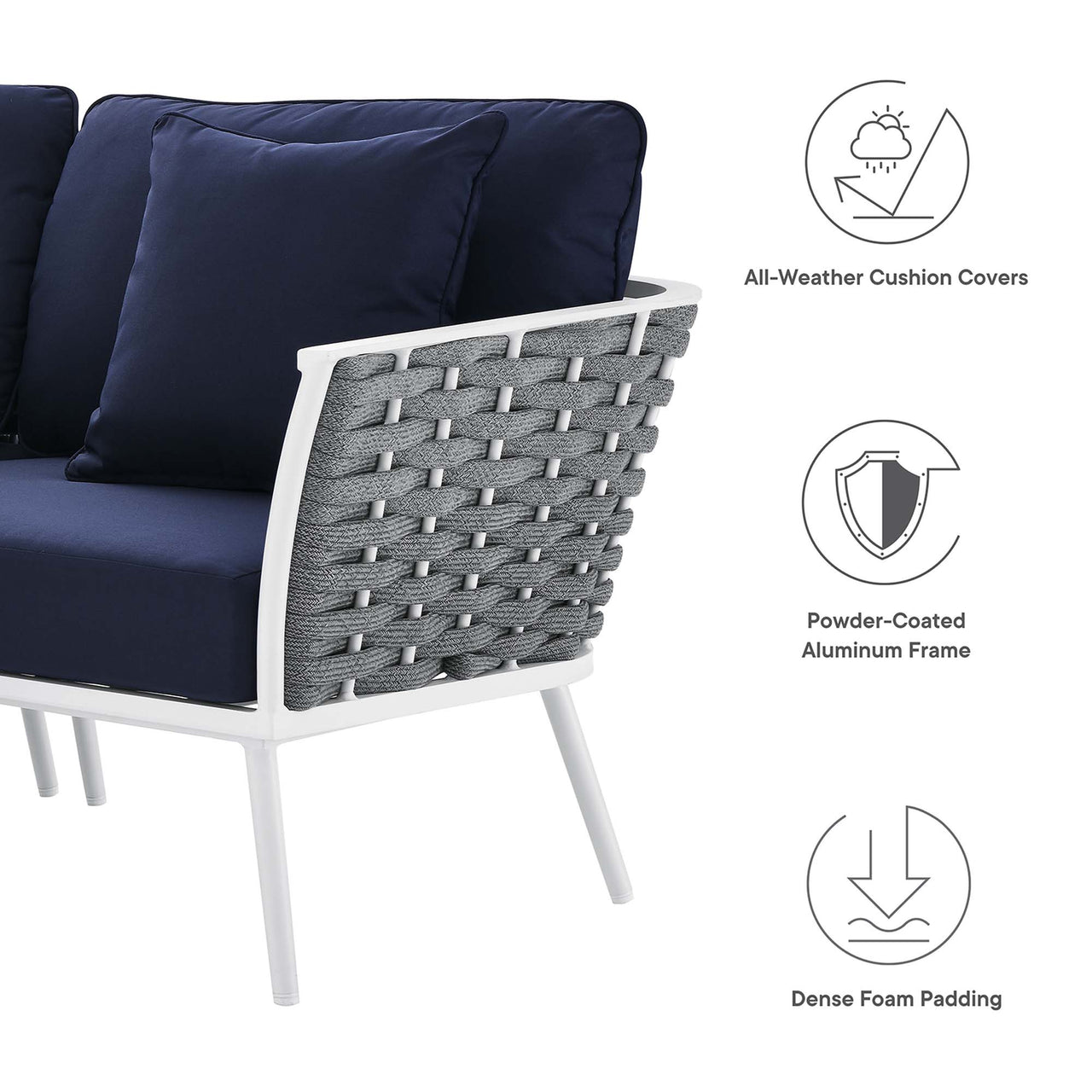Stellan 9-Piece Aluminum Alfresco Sectional Sofa Set, White & Navy